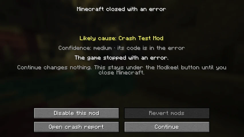 After a crash, Modkeel names the mod that most likely caused it and offers to disable it.