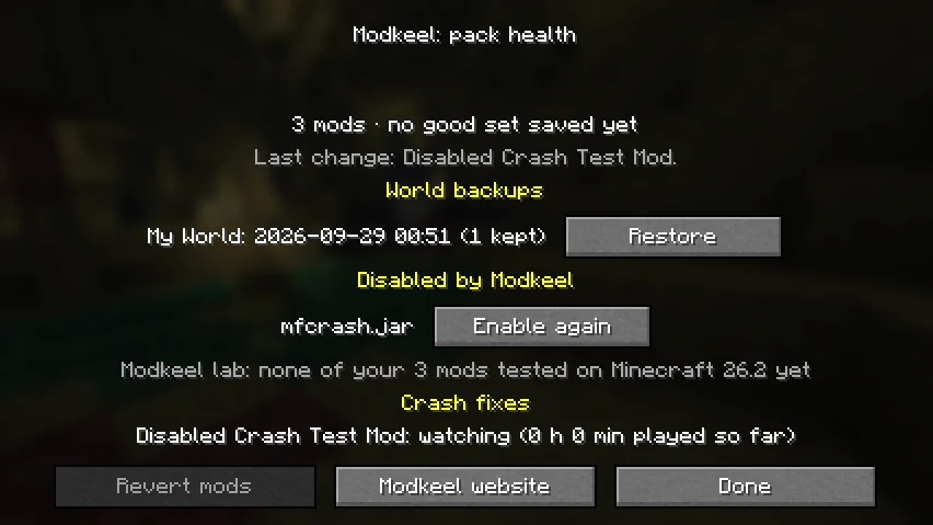 The pack health screen: world backups, changes Modkeel made and fixes it is watching.