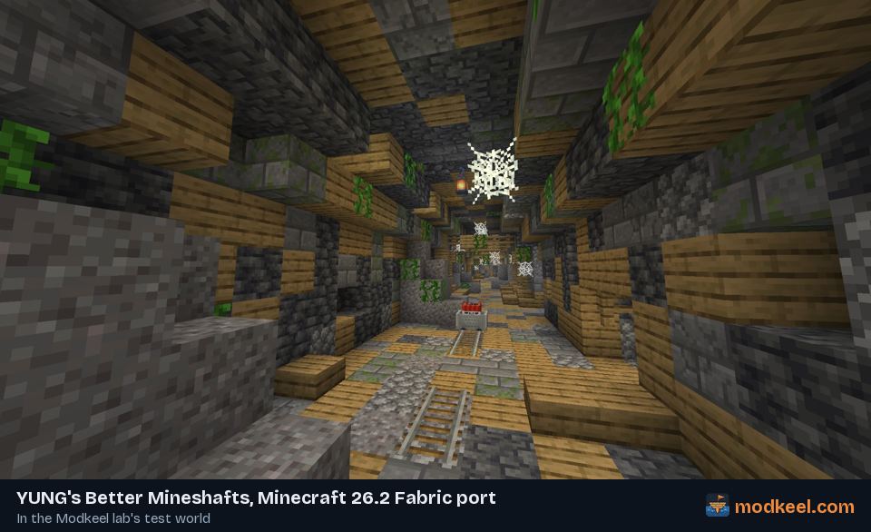 An oak mineshaft corridor, with rails, lanterns and cobwebs.